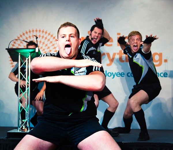 Men in All blacks kits doing the haka at rowlands staff confernence