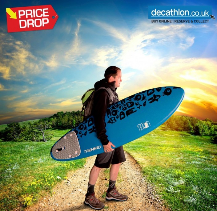 Green screen photography and composite background image advertising Decathlon sports wear and accessories