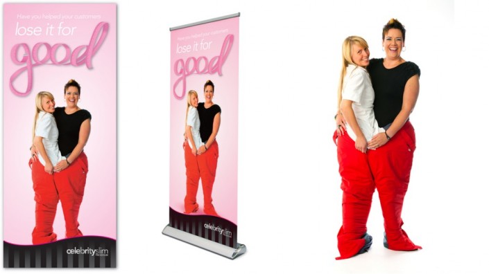 2 ladies in one pair of trousers advertising celebrity slim