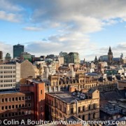 Manchester Skyline Panorama features Manchester Town Hall viewed from Blackfriars roof top garden